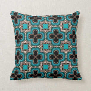 Moroccan Geometric Floral Pattern Teal Tan Black Throw Pillow