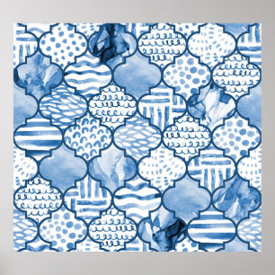 Moroccan geometric, watercolor seamless pattern. poster