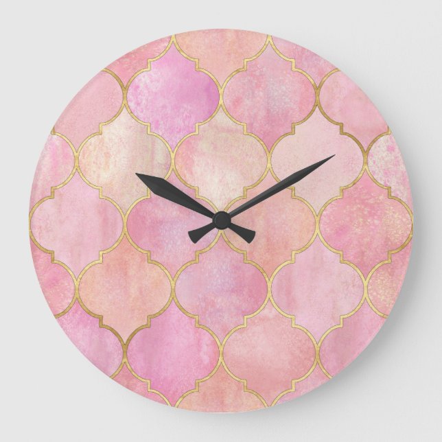 Moroccan Gold Line: Pink Watercolor Large Clock (Front)