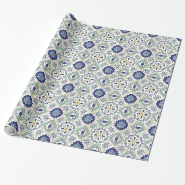 Moroccan Green and Blue Print Wrapping Paper (Unrolled)