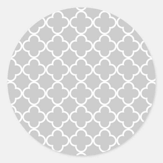Moroccan Grey White Quatrefoil Pattern Classic Round Sticker (Front)