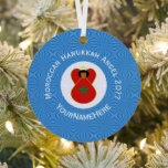 Moroccan Hanukkah Angel Flag Personalized  Metal Ornament<br><div class="desc">Design created for families with multiple religions. The flag of Morocco is worn by this angel. Designed to share Moroccan heritage in Hanukkah decor, the Angel flies inside a circle of white squiggly squares. It is all on a background of blue squiggly squares. Change the ?? to customize and reflect...</div>