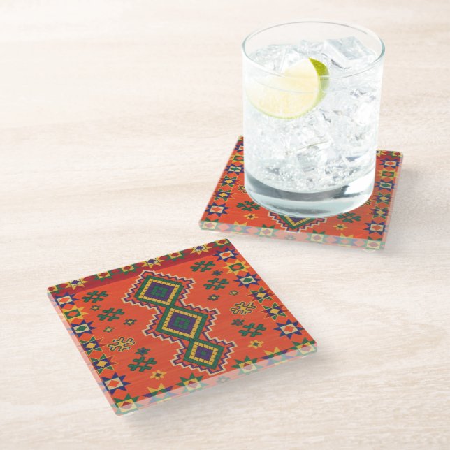 Moroccan Harmony in Orange Throw Pillow Glass Coaster (Angled)