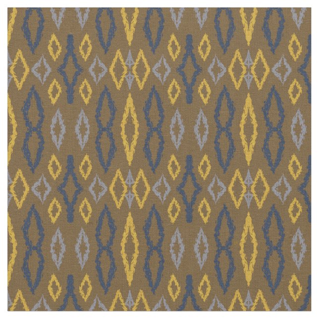 Moroccan Ikat Blue Yellow Brown Pattern  Fabric (Close Up)
