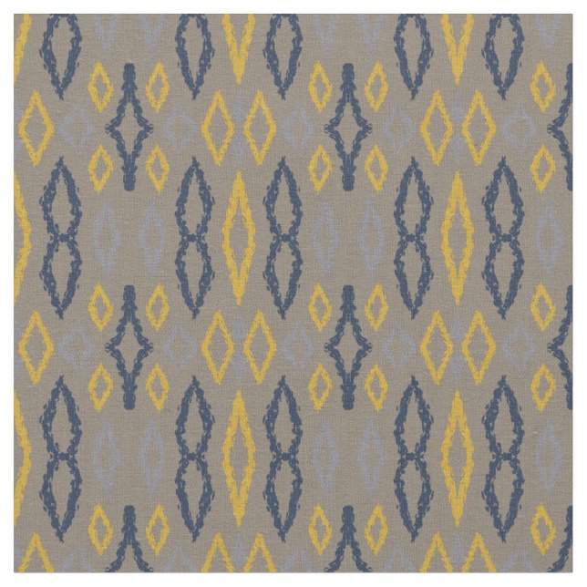 Moroccan Ikat Blue Yellow Grey Pattern  Fabric (Close Up)