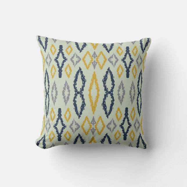 Moroccan Ikat Blue Yellow Mint Pattern Throw Pillow (Front)