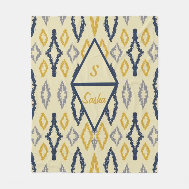 Moroccan Ikat Blue Yellow Personalized Fleece Blanket (Front)