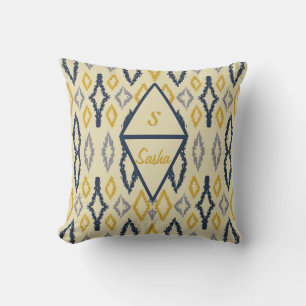 Moroccan Ikat Blue Yellow Personalized Throw Pillow