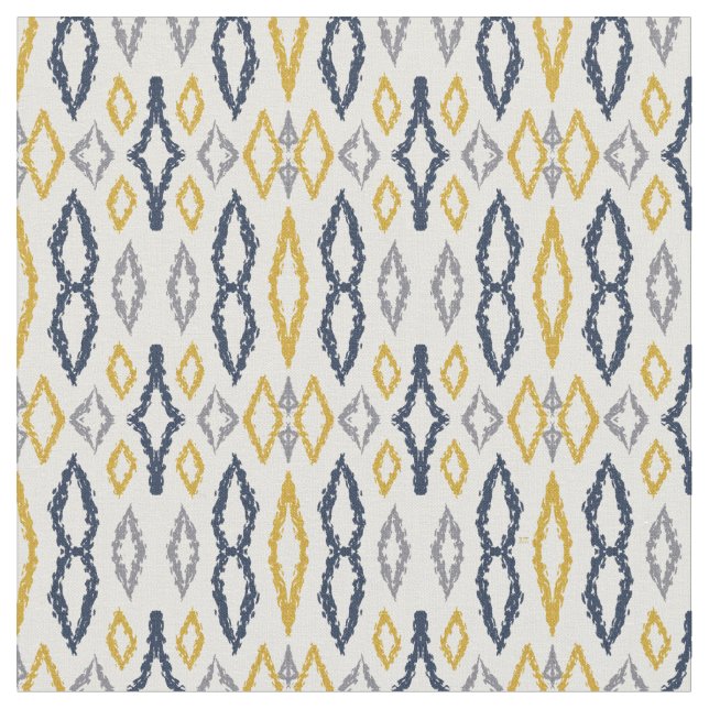 Moroccan Ikat Blue Yellow White Pattern  Fabric (Close Up)