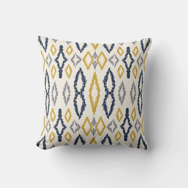 Moroccan Ikat Blue Yellow White Pattern Throw Pillow (Front)