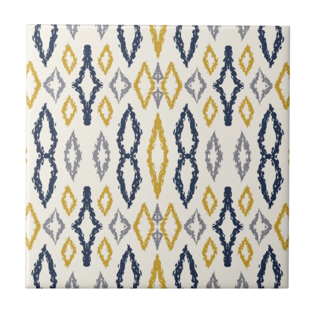 Moroccan Ikat Blue Yellow White Pattern  Tile (Front)