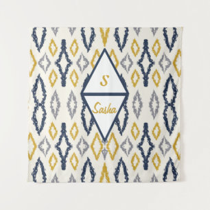 Moroccan Ikat Blue Yellow White Personalized  Tapestry