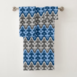 Moroccan Ikat Damask, Blue and Gray / Grey Bath Towel Set