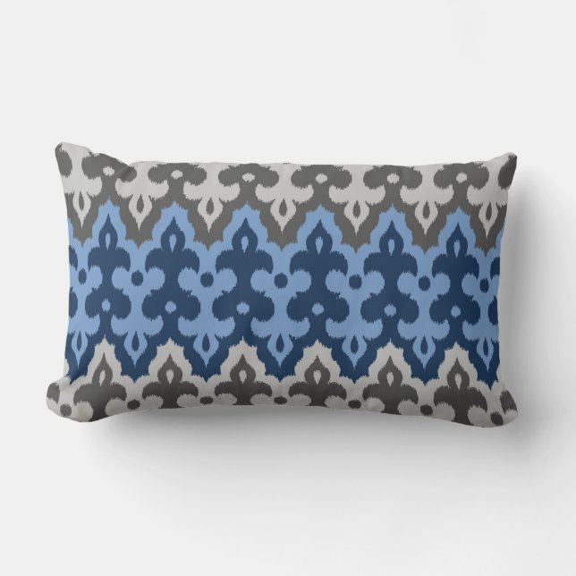 Moroccan Ikat Damask, Blue and Grey / Grey Lumbar Pillow (Front)