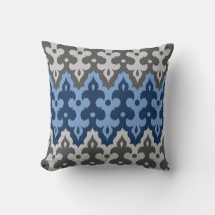 Moroccan Ikat Damask, Blue and Grey / Grey Throw Pillow