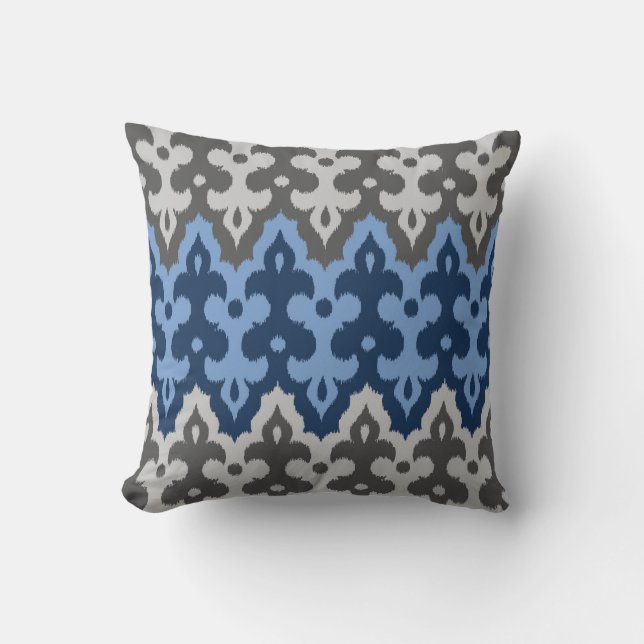 Moroccan Ikat Damask, Blue and Grey / Grey Throw Pillow (Front)