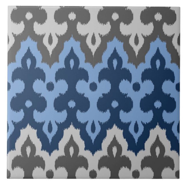 Moroccan Ikat Damask, Blue and Grey / Grey Tile (Front)