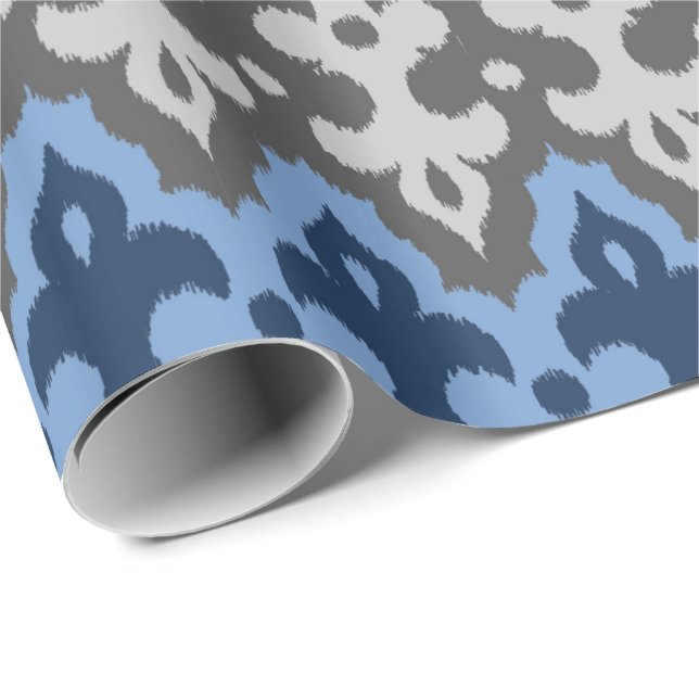 Moroccan Ikat Damask, Blue and Grey / Grey Wrapping Paper (Roll Corner)