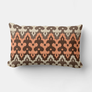 Moroccan Ikat Damask, Brown, Taupe & Coral Lumbar Pillow
