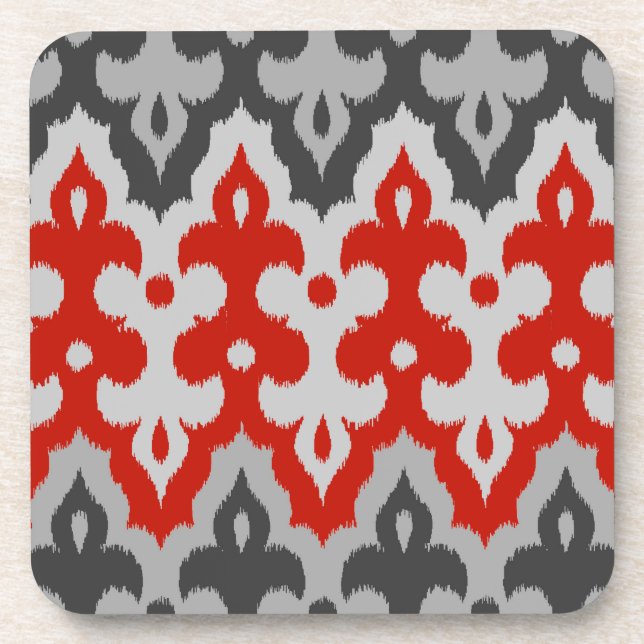 Moroccan Ikat Damask, Graphite Grey and Red Coaster (Front)