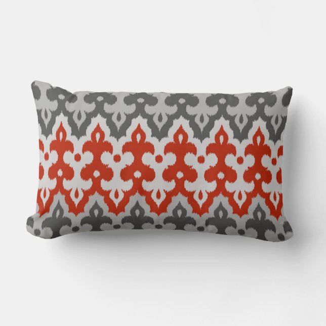 Moroccan Ikat Damask, Graphite Grey and Red Lumbar Pillow (Front)