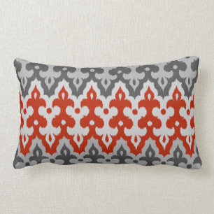 Moroccan Ikat Damask, Graphite Grey and Red Lumbar Pillow