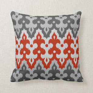 Moroccan Ikat Damask, Graphite Grey and Red Throw Pillow