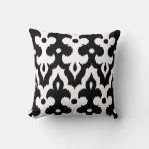 Moroccan Ikat Damask Pattern, Black and White Throw Pillow