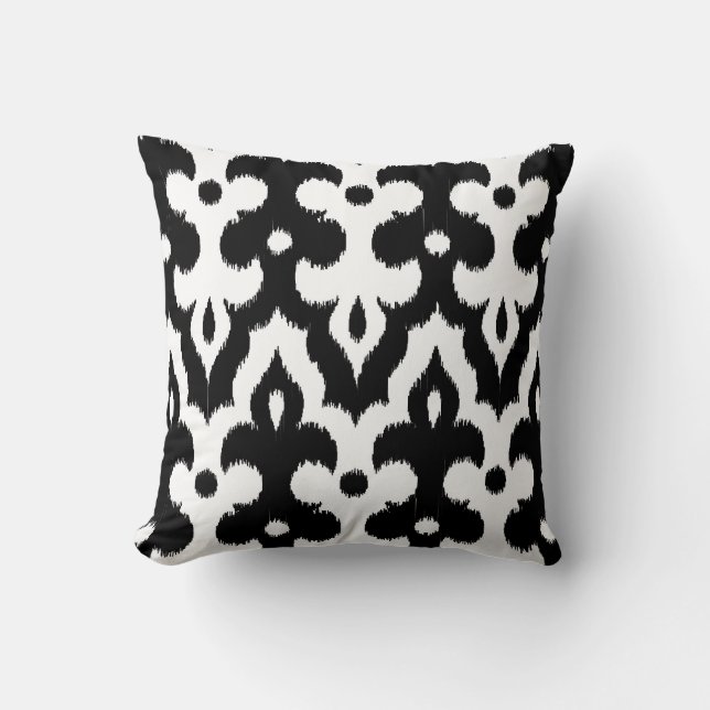 Moroccan Ikat Damask Pattern, Black and White Throw Pillow (Front)