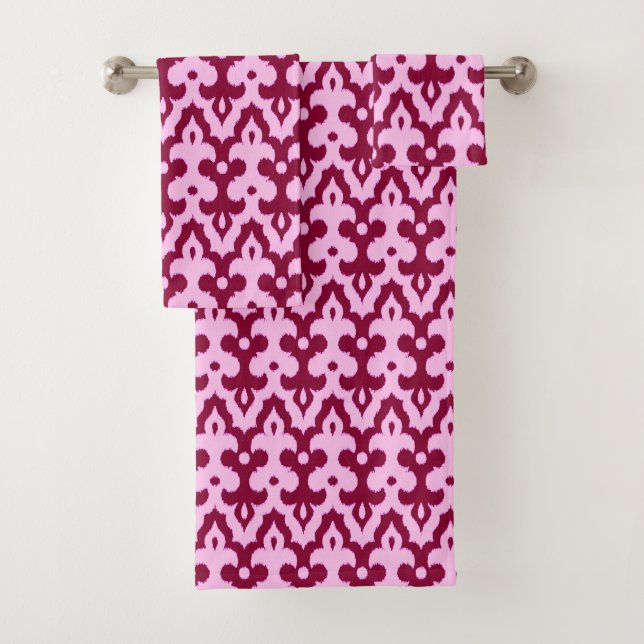 Moroccan Ikat Damask Pattern, Burgundy and Pink Bath Towel Set (Insitu)