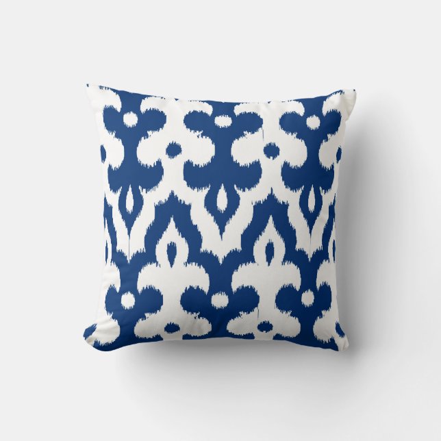 Moroccan Ikat Damask Pattern, Cobalt Blue & White Throw Pillow (Front)
