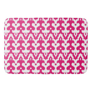 Moroccan Ikat Damask Pattern, Fuchsia Pink & White Bath Mat