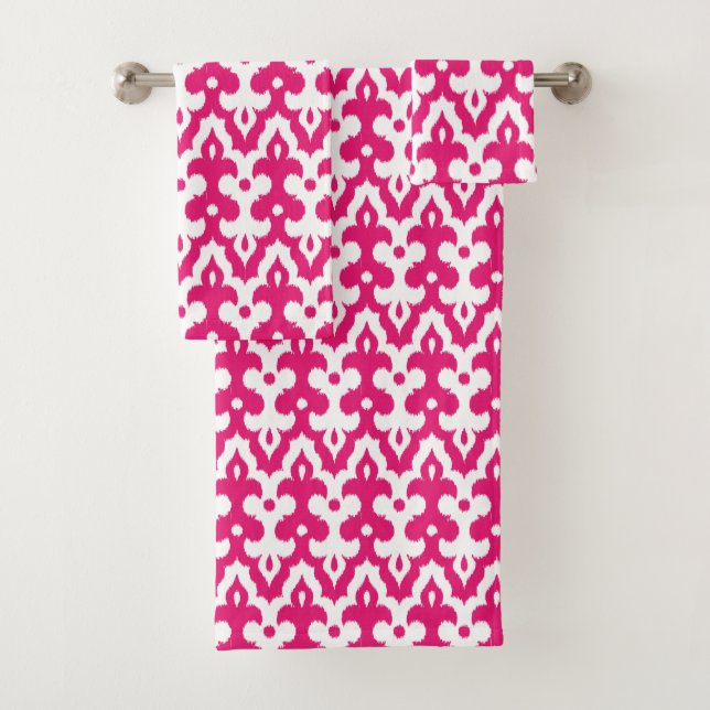 Moroccan Ikat Damask Pattern, Fuchsia Pink & White Bath Towel Set (Insitu)