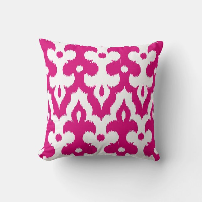 Moroccan Ikat Damask Pattern, Fuchsia Pink & White Throw Pillow (Front)