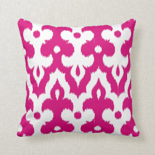 Moroccan Ikat Damask Pattern, Fuchsia Pink & White Throw Pillow