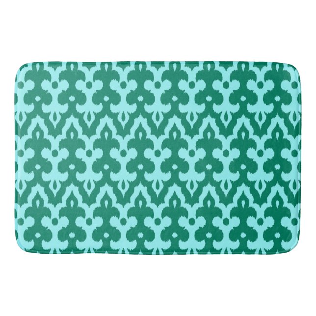 Moroccan Ikat Damask Pattern, Turquoise and Aqua Bath Mat (Front)