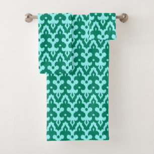 Moroccan Ikat Damask Pattern, Turquoise and Aqua Bath Towel Set