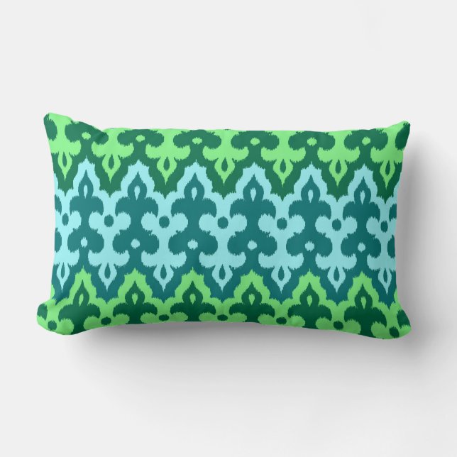 Moroccan Ikat Damask, Turquoise & Jade Green Lumbar Pillow (Front)