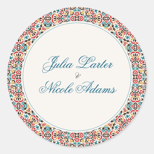 Moroccan Lattice Geometric Mandala Wedding Classic Round Sticker (Front)