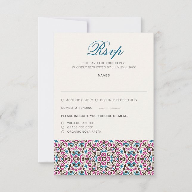 Moroccan Lattice Geometric Mandala Wedding RSVP Card (Front)