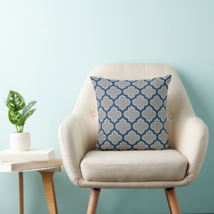 Moroccan Lattice Grey and Navy Blue Pattern Throw Pillow