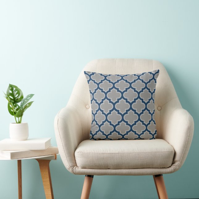 Moroccan Lattice Grey and Navy Blue Pattern Throw Pillow (Chair)
