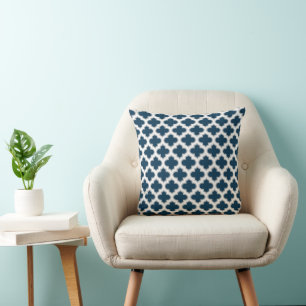 Moroccan Lattice Navy Blue Grey White Pattern Throw Pillow