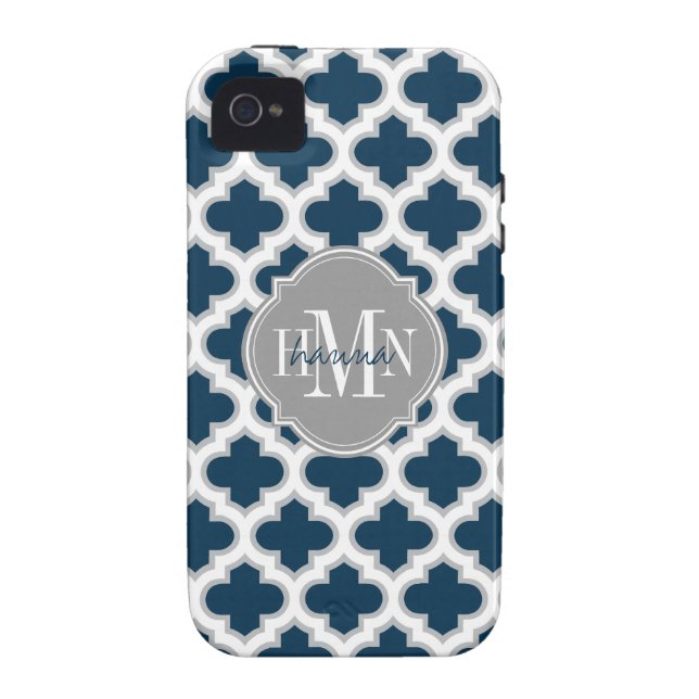 Moroccan Lattice Navy Blue Grey White Personalized Case-Mate iPhone Case (Back)