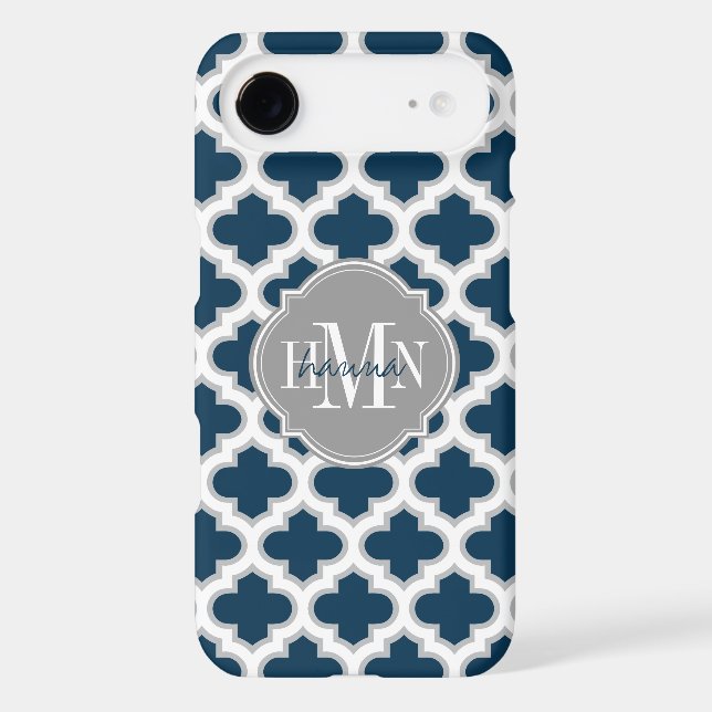 Moroccan Lattice Navy Blue Grey White Personalized Case-Mate iPhone Case (Back)