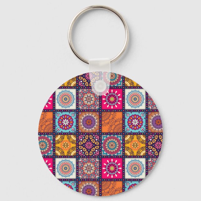 Moroccan mandala colourful ethnic pattern keychain (Front)