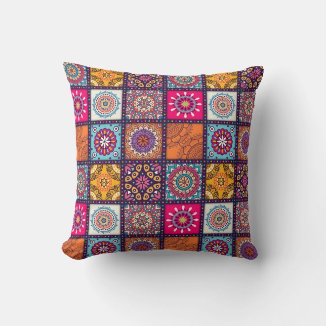 Moroccan mandala colourful ethnic pattern throw pillow (Front)