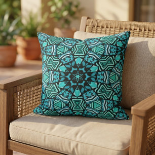 Moroccan Mediterranean Boho Tile Art Pattern Outdoor Pillow