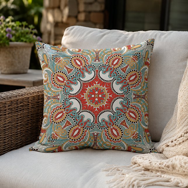 Moroccan Mediterranean Boho Tile Art Pattern Outdoor Pillow (Creator Uploaded)