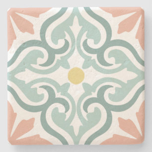 Moroccan Mediterranean Ornamental Teal Peach Stone Coaster